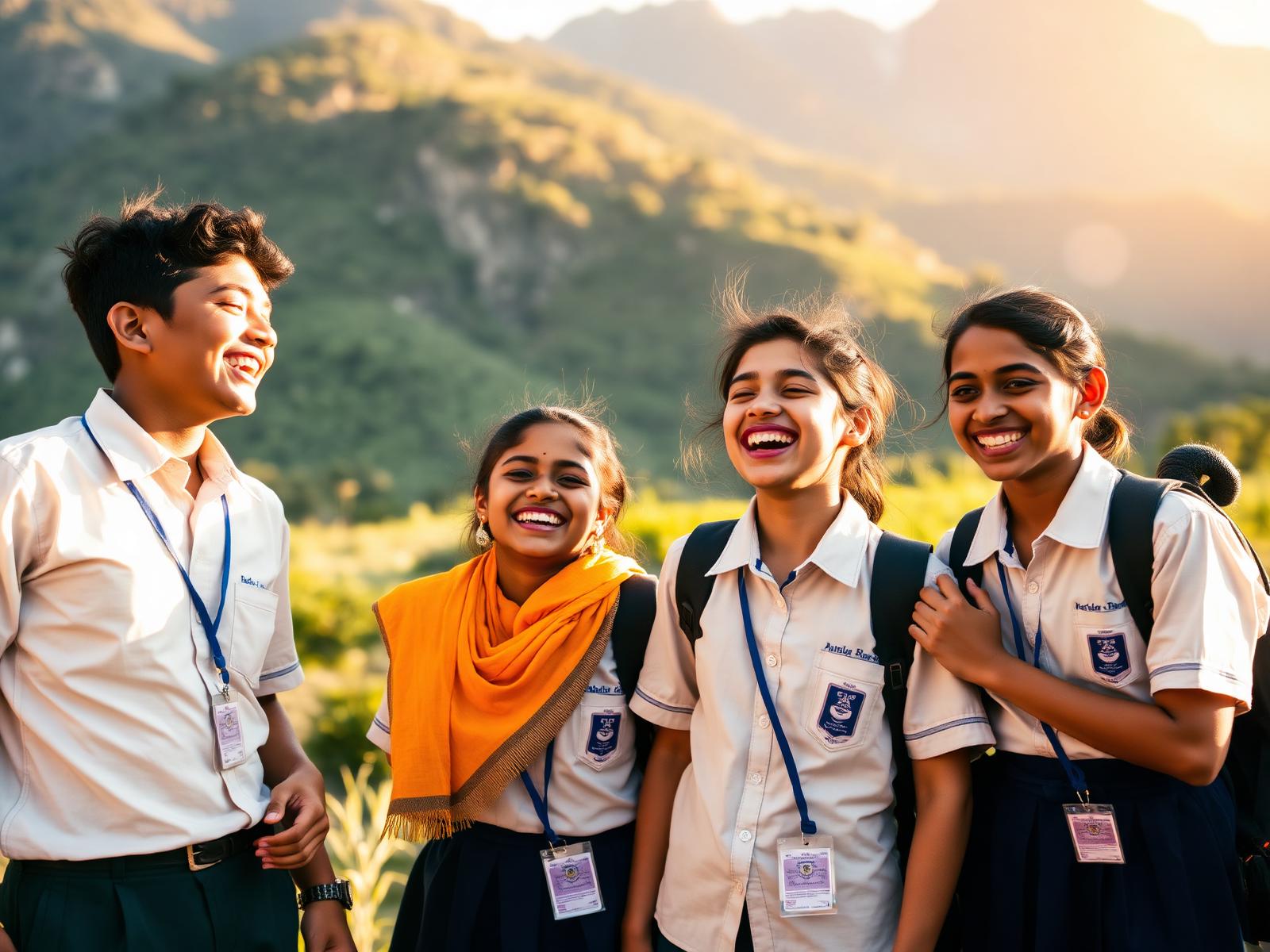 Happy Indian school students on an educational trip in the mountains